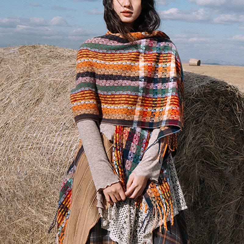 Buddha Stones Tibetan Colorful Stripe Geometry Tassels Shawl Fall Winter Soft Scarf Wrap - image 6