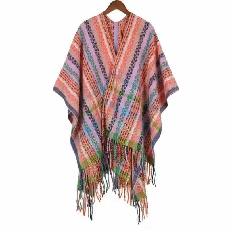 Buddha Stones Tibetan Colorful Stripe Geometry Tassels Shawl Fall Winter Soft Scarf Wrap - LightPink - 130*150cm - image 26