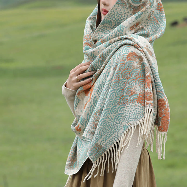 Buddha Stones Tibetan Green Dragon Scale Pattern Tassels Shawl Fall Winter Soft Scarf Wrap