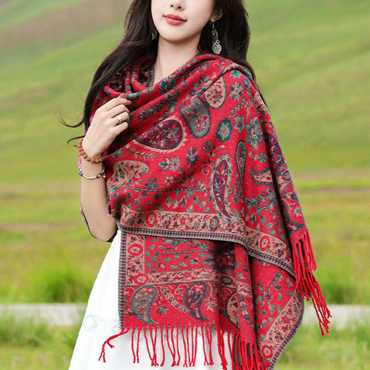 Buddha Stones Tibetan Cashew Flowers Leaves Vine Tassels Shawl Fall Winter Soft Cozy Scarf Wrap - Red 70*180cm - image 0