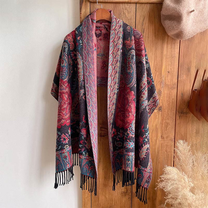 Buddha Stones Tibetan Cashew Peony Flowers Vine Tassels Shawl Fall Winter Cozy Scarf Wrap