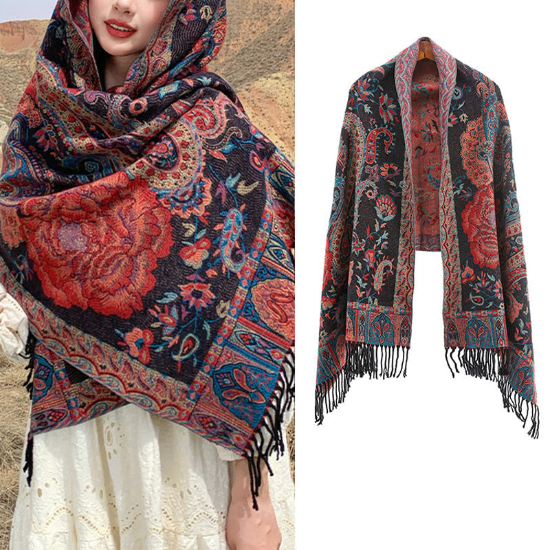 Buddha Stones Tibetan Cashew Peony Flowers Vine Tassels Shawl Fall Winter Cozy Scarf Wrap