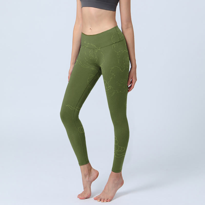 Buddha Stones Green Auspicious Cloud Waves Print Gym Leggings Women's Yoga Pants - OliveDrab - US18，UK/AU22，EU50 (4XL) - image 1