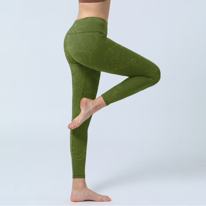 Buddha Stones Green Auspicious Cloud Waves Print Gym Leggings Women's Yoga Pants