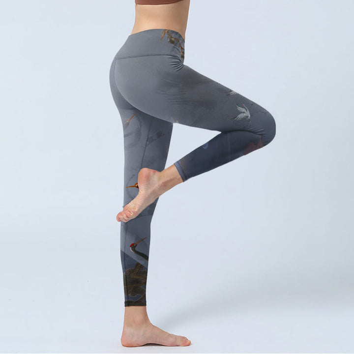 Buddha Stones Auspicious White Crane Pine Tree Print Gym Leggings Women's Yoga Pants - image 3