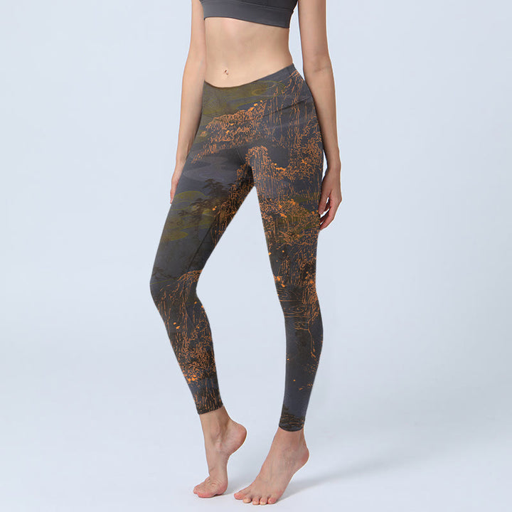 Buddha Stones Golden Mountains Clouds Print Gym Leggings Women's Yoga Pants - SaddleBrown - US18，UK/AU22，EU50 (4XL) - image 0
