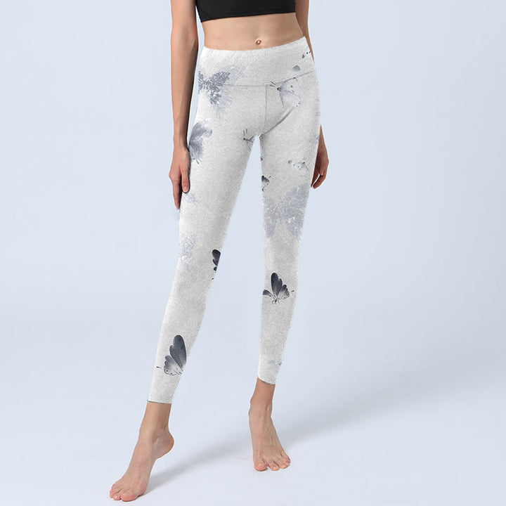 Buddha Stones White Gray Butterfly Print Sports Leggings Women's Yoga Pants