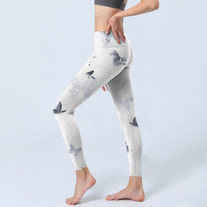 Buddha Stones White Gray Butterfly Print Sports Leggings Women's Yoga Pants