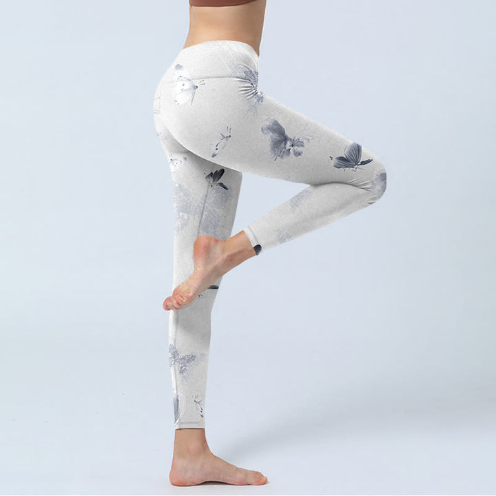 Buddha Stones White Gray Butterfly Print Sports Leggings Women's Yoga Pants - image 3