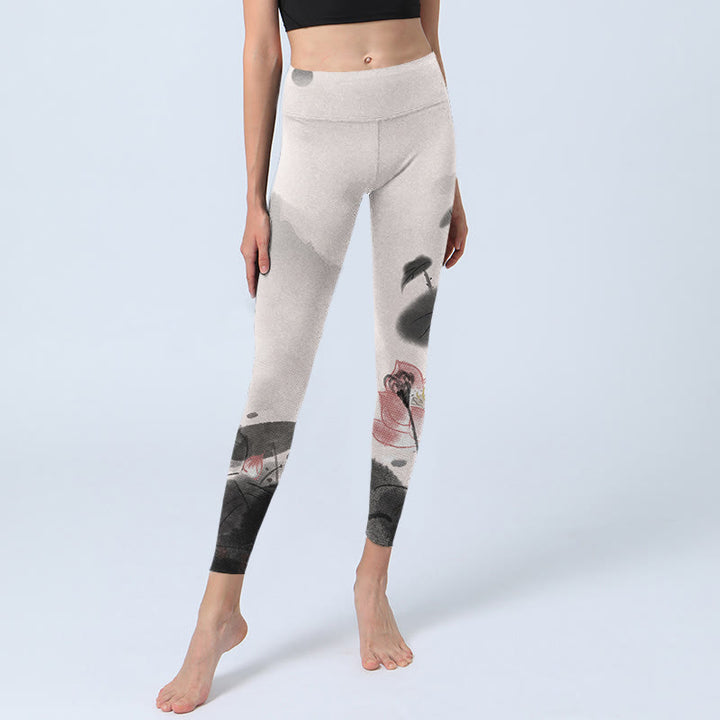 Buddha Stones Ink Painting Lotus Flower Leaf Print Gym Fitness Leggings Women's Yoga Pants