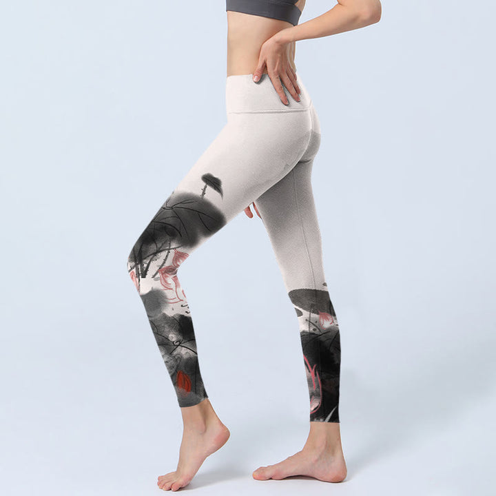 Buddha Stones Ink Painting Lotus Flower Leaf Print Gym Fitness Leggings Women's Yoga Pants