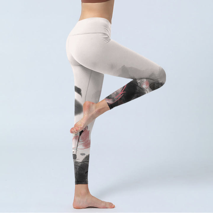 Buddha Stones Ink Painting Lotus Flower Leaf Print Gym Fitness Leggings Women's Yoga Pants - image 3