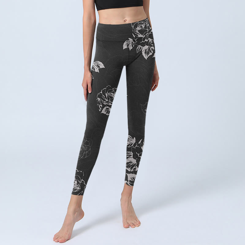 Buddha Stones Gray Peony Rose Flower Sketch Print Gym Fitness Leggings Women's Yoga Pants - image 5
