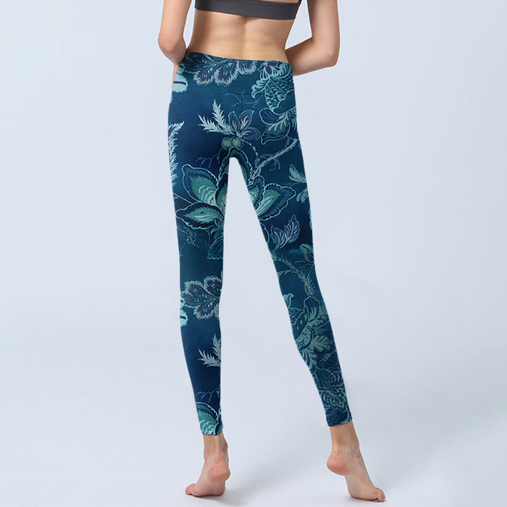 Buddha Stones Blue Flowers Print Sports Fitness Leggings Women's Yoga Pants