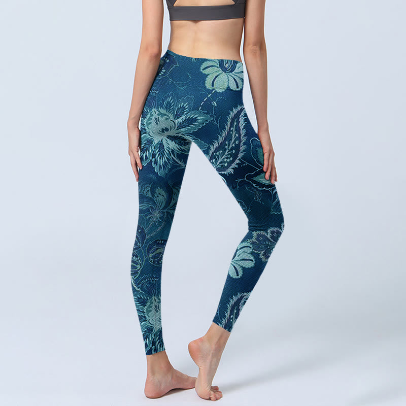 Buddha Stones Blue Flowers Print Sports Fitness Leggings Women's Yoga Pants