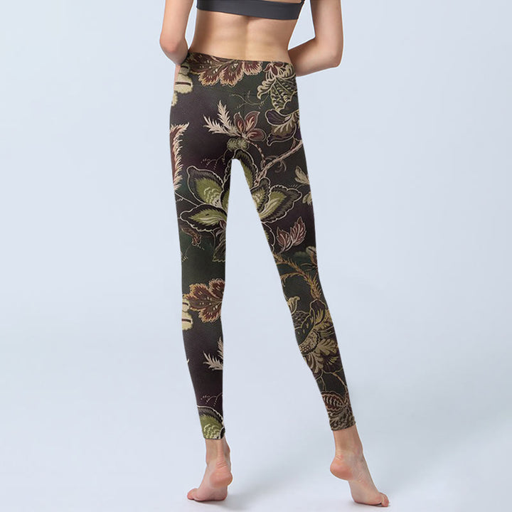 Buddha Stones Olive Florals Print Sports Fitness Leggings Women's Yoga Pants