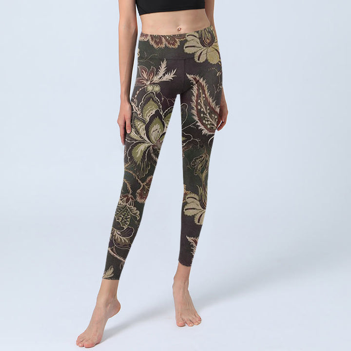 Buddha Stones Olive Florals Print Sports Fitness Leggings Women's Yoga Pants