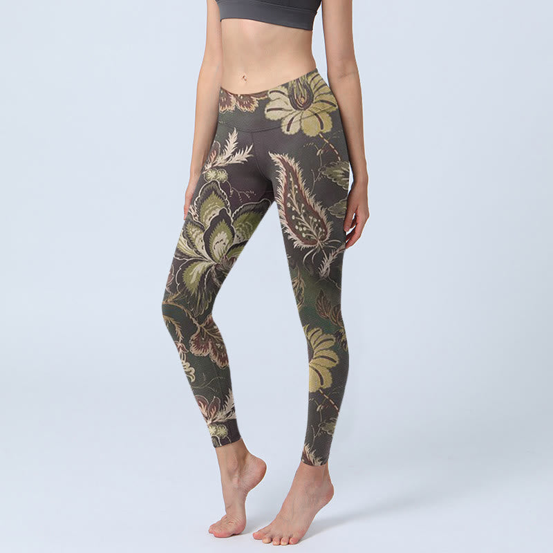 Buddha Stones Olive Florals Print Sports Fitness Leggings Women's Yoga Pants - Olive - US18，UK/AU22，EU50 (4XL) - image 0
