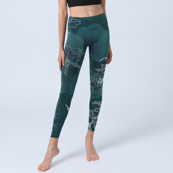 Buddha Stones Peony Flower Magpie Butterfly Print Gym Fitness Leggings Women's Yoga Pants - image 5