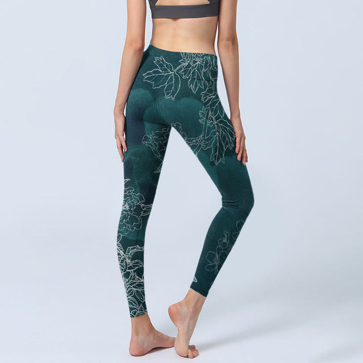 Buddha Stones Peony Flower Magpie Butterfly Print Gym Fitness Leggings Women's Yoga Pants