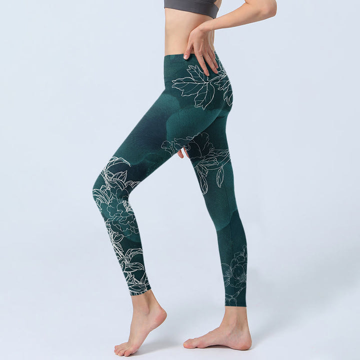 Buddha Stones Peony Flower Magpie Butterfly Print Gym Fitness Leggings Women's Yoga Pants - image 2