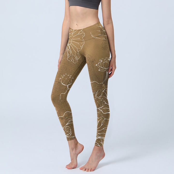 Buddha Stones Goldenrod Lotus Flowers Leaves Print Gym Fitness Leggings Women's Yoga Pants - Goldenrod - US18，UK/AU22，EU50 (4XL) - image 0