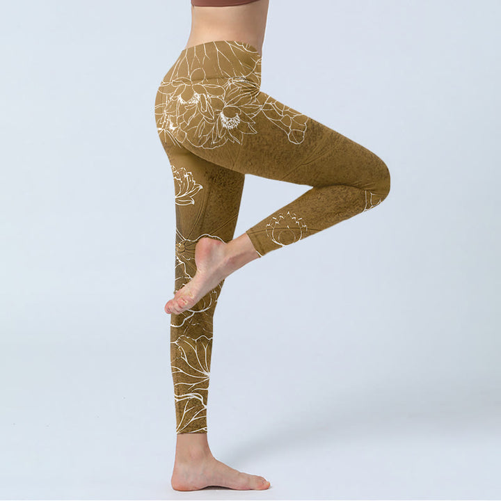 Buddha Stones Goldenrod Lotus Flowers Leaves Print Gym Fitness Leggings Women's Yoga Pants - image 3