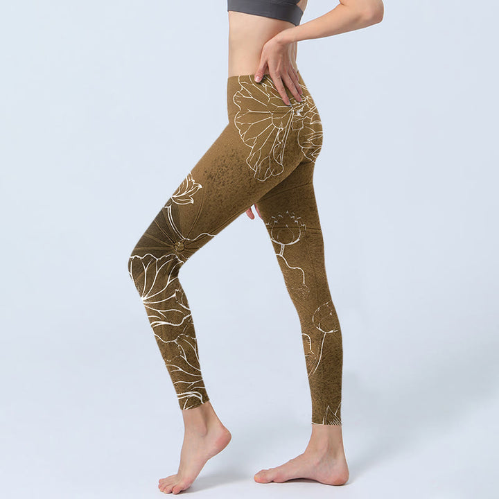 Buddha Stones Goldenrod Lotus Flowers Leaves Print Gym Fitness Leggings Women's Yoga Pants - image 2