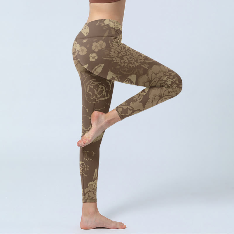 Buddha Stones Peony Flowers Leaves Blossom Print Gym Fitness Leggings Women's Yoga Pants