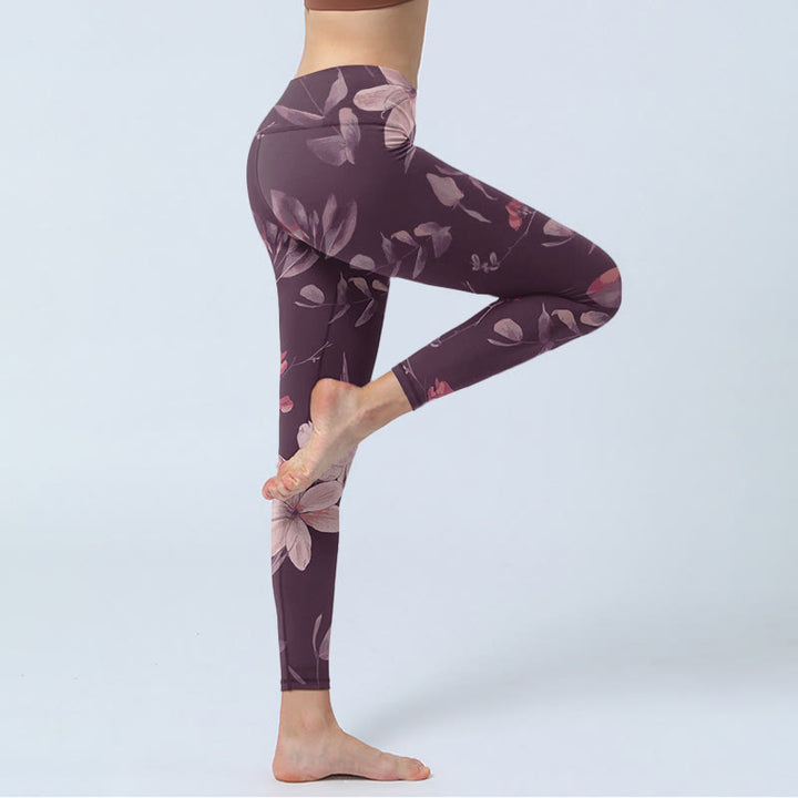 Buddha Stones Purple White Flowers Leaves Blossom Print Gym Fitness Leggings Women's Yoga Pants