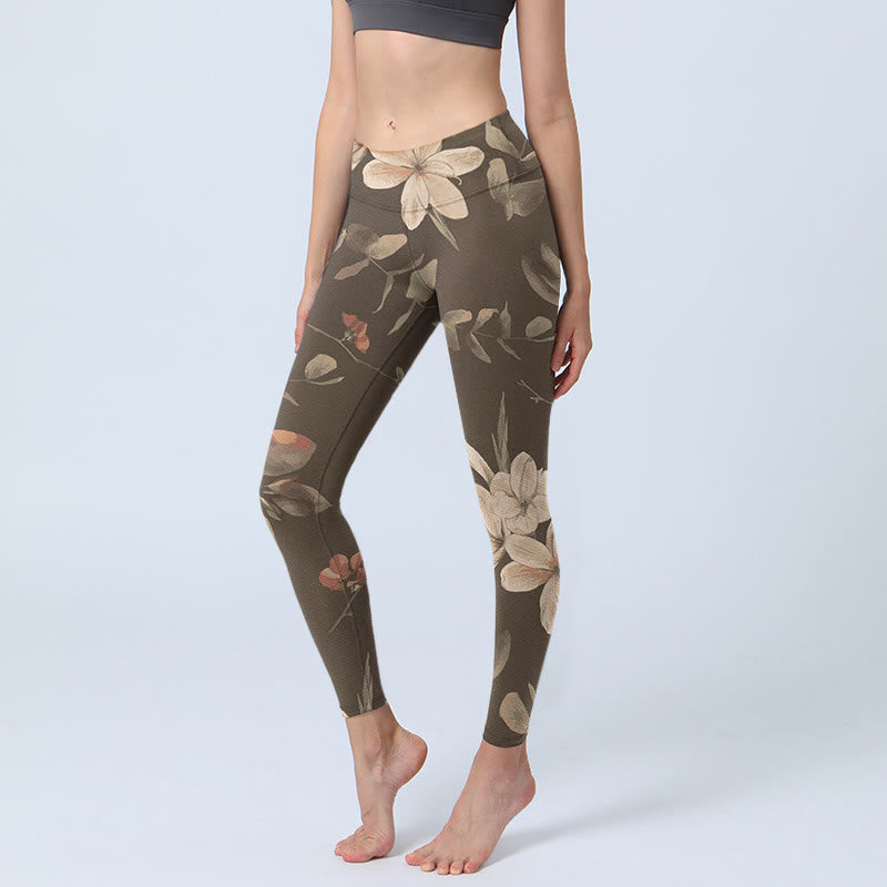 Buddha Stones Purple White Flowers Leaves Blossom Print Gym Fitness Leggings Women's Yoga Pants - DarkKhaki - US18，UK/AU22，EU50 (4XL) - image 8