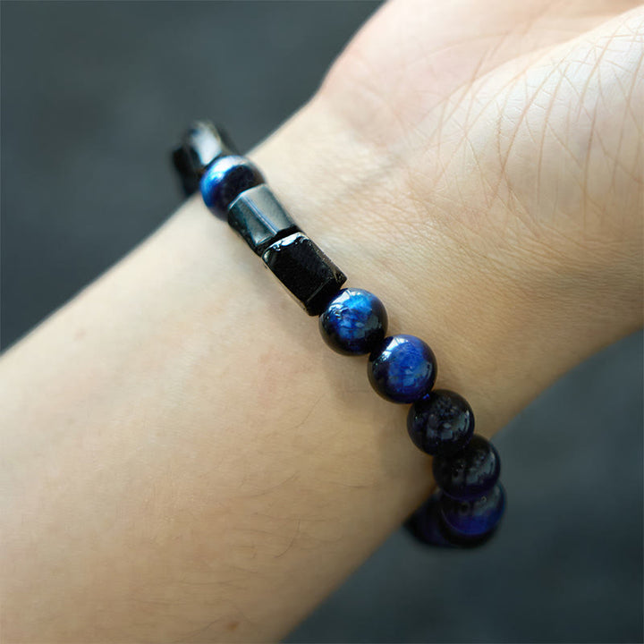 Buddha Stones Blue Tiger Eye Black Tourmaline Strength Bracelet