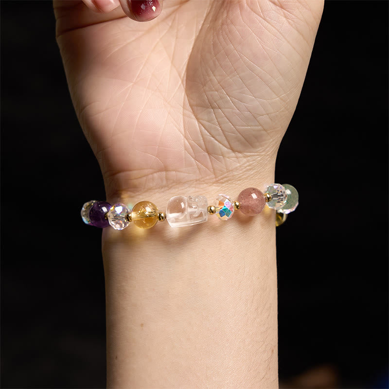 Buddha Stones PiXiu White Crystal Citrine Green Strawberry Quartz Amethyst Luck Bracelet