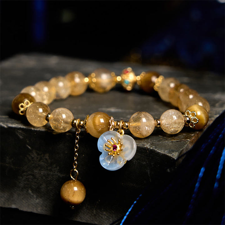 Buddha Stones Citrine Tiger Eye Flower Charm Generosity Bracelet