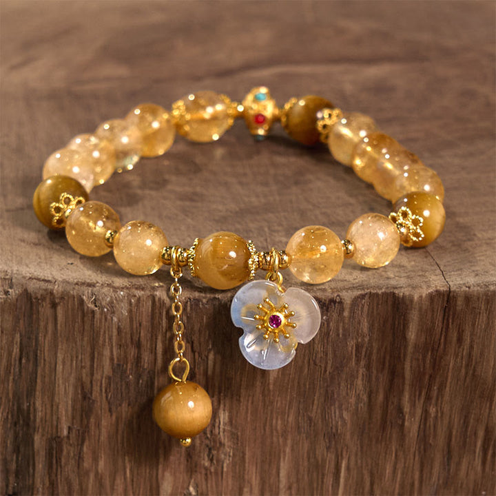 Buddha Stones Citrine Tiger Eye Flower Charm Generosity Bracelet