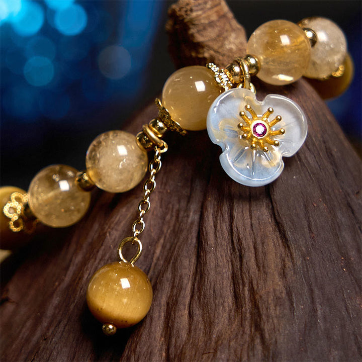 Buddha Stones Citrine Tiger Eye Flower Charm Generosity Bracelet