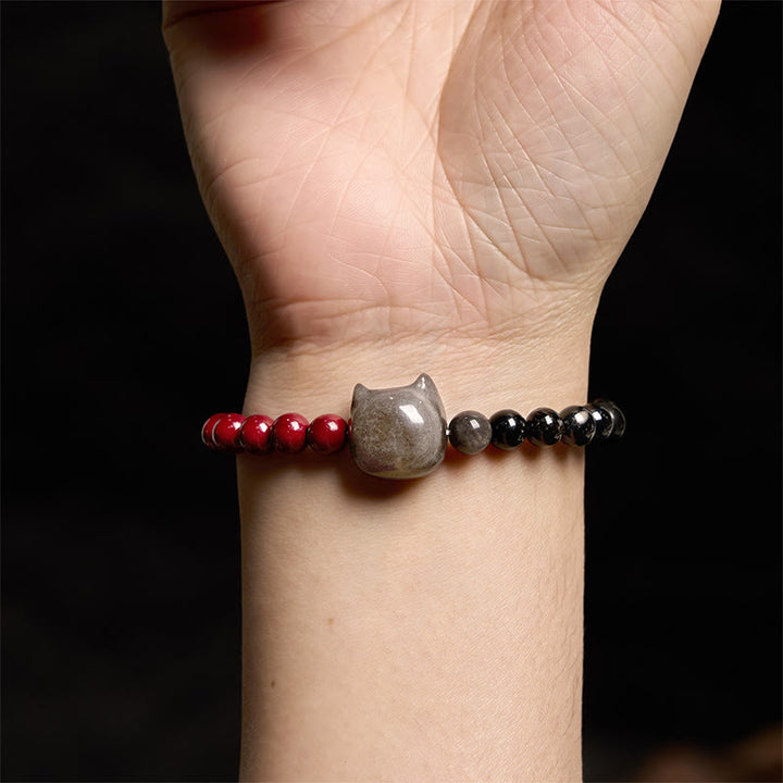 Buddha Stones Black Obsidian Cinnabar Silver Sheen Obsidian Cat Fulfilment Bracelet