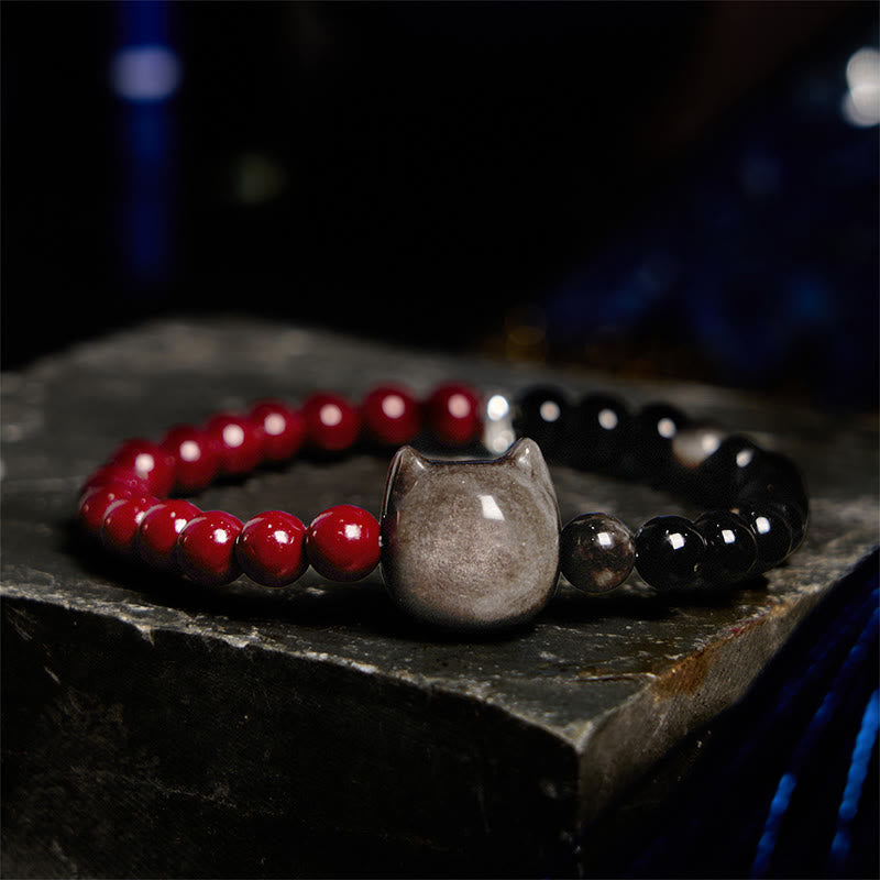 Buddha Stones Black Obsidian Cinnabar Silver Sheen Obsidian Cat Fulfilment Bracelet - image 1