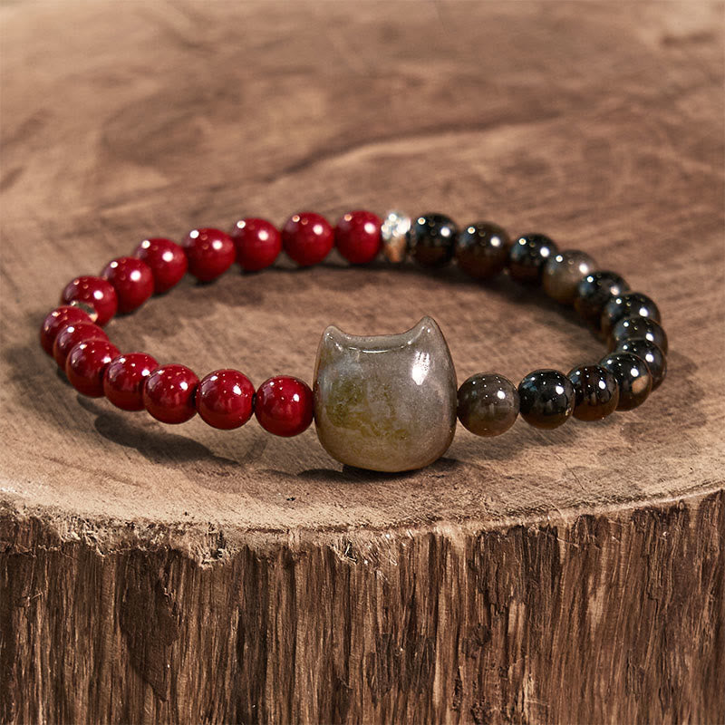Buddha Stones Black Obsidian Cinnabar Silver Sheen Obsidian Cat Fulfilment Bracelet - image 2
