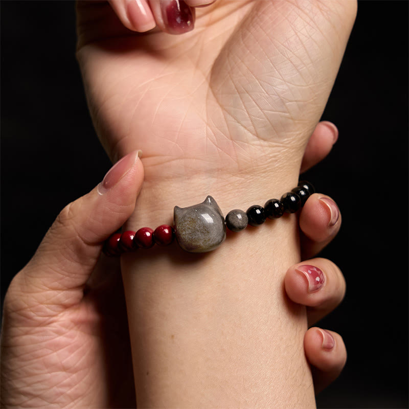 Buddha Stones Black Obsidian Cinnabar Silver Sheen Obsidian Cat Fulfilment Bracelet - image 6