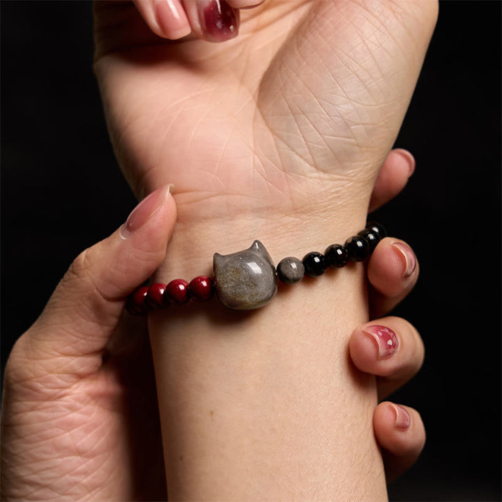 Buddha Stones Black Obsidian Cinnabar Silver Sheen Obsidian Cat Fulfilment Bracelet - image 6