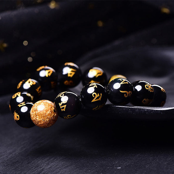 Buddha Stones Six True Words Om Mani Padme Hum Rainbow Obsidian Gold Foil Creativity Bracelet