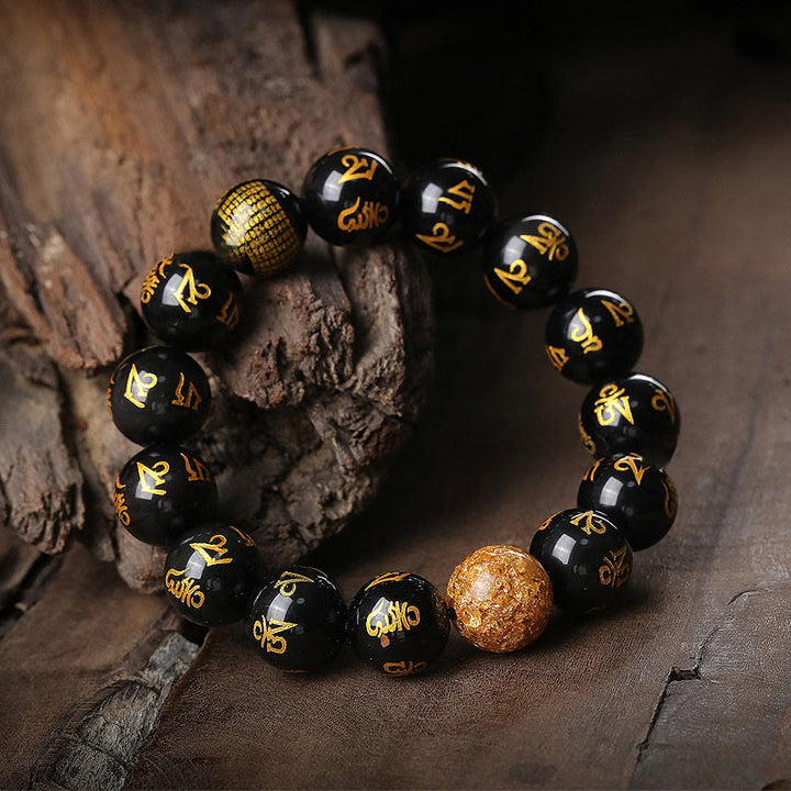 Buddha Stones Six True Words Om Mani Padme Hum Rainbow Obsidian Gold Foil Creativity Bracelet