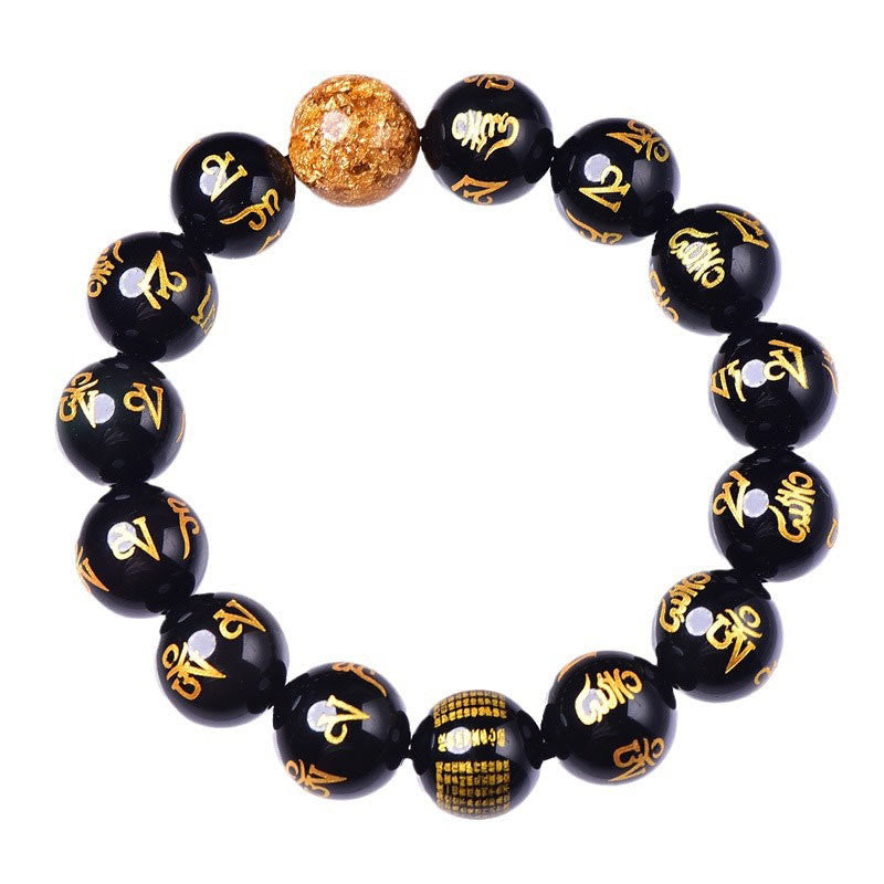 Buddha Stones Six True Words Om Mani Padme Hum Rainbow Obsidian Gold Foil Creativity Bracelet