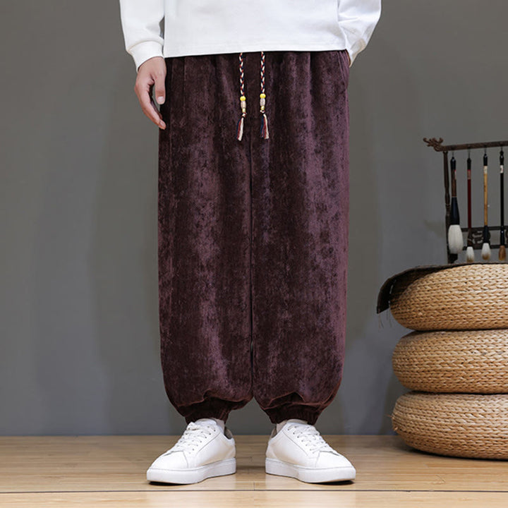 Buddha Stones Fall Winter Men's Drawstring Chenille Harem Pants With Pockets