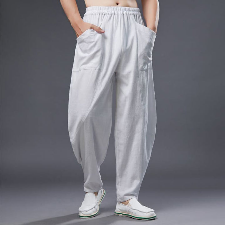 Buddha Stones Solid Color Cotton Ramie Linen Men's Elastic Waist Harem Pants With Pockets - White - US/UK/AU38，EU48 (XL) - image 0