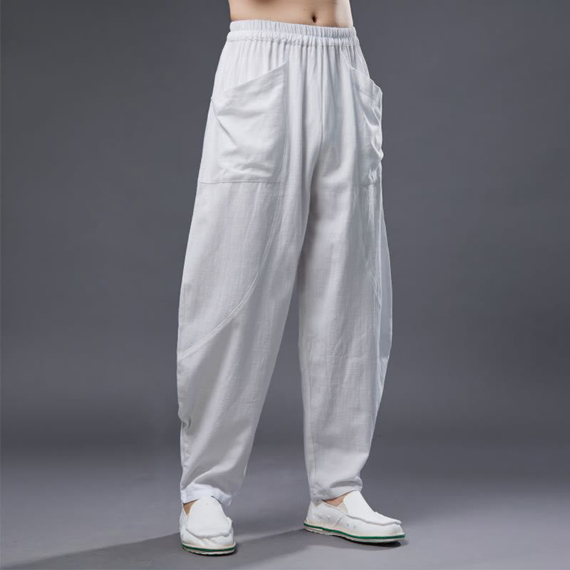 Buddha Stones Solid Color Cotton Ramie Linen Men's Elastic Waist Harem Pants With Pockets - image 10