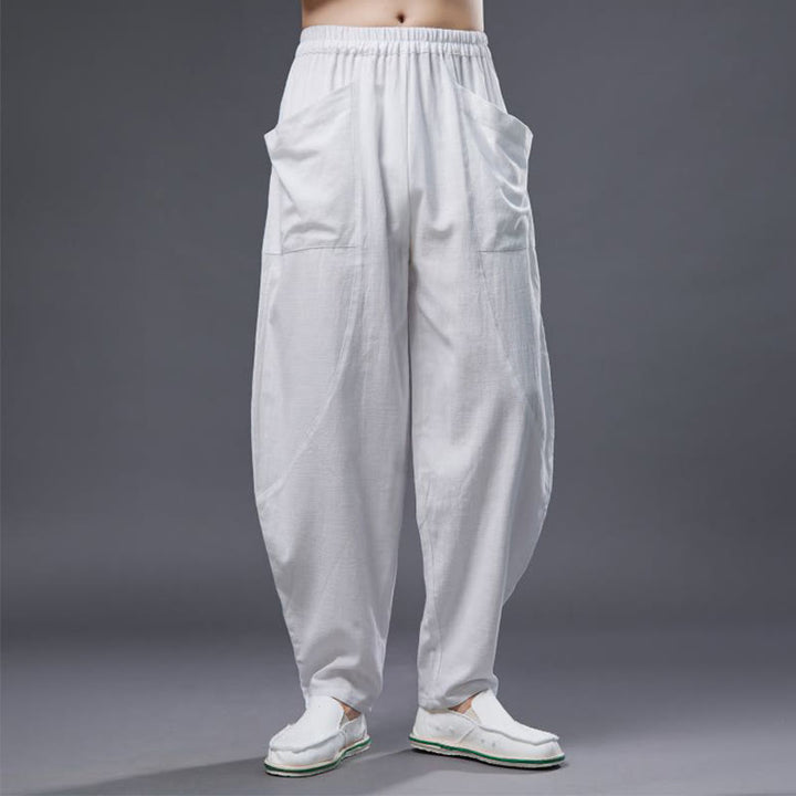 Buddha Stones Solid Color Cotton Ramie Linen Men's Elastic Waist Harem Pants With Pockets - image 8