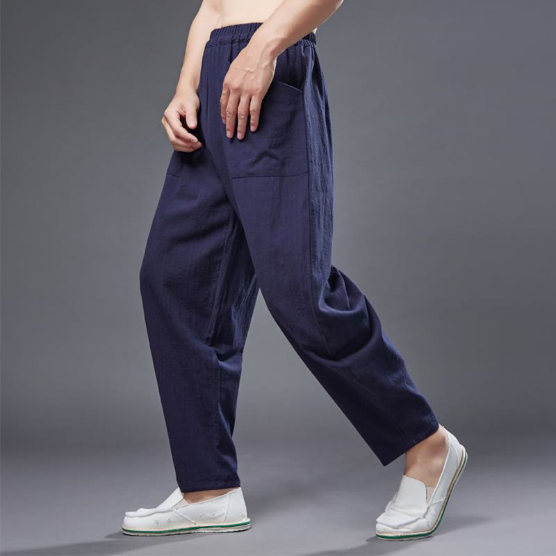 Buddha Stones Solid Color Cotton Ramie Linen Men's Elastic Waist Harem Pants With Pockets - image 15