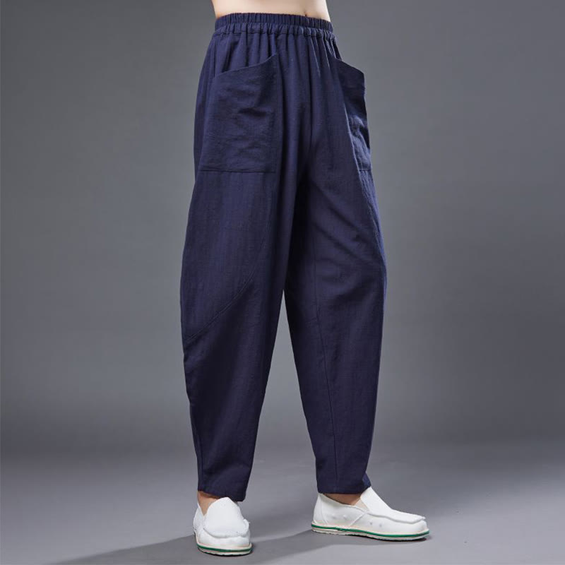 Buddha Stones Solid Color Cotton Ramie Linen Men's Elastic Waist Harem Pants With Pockets - image 12